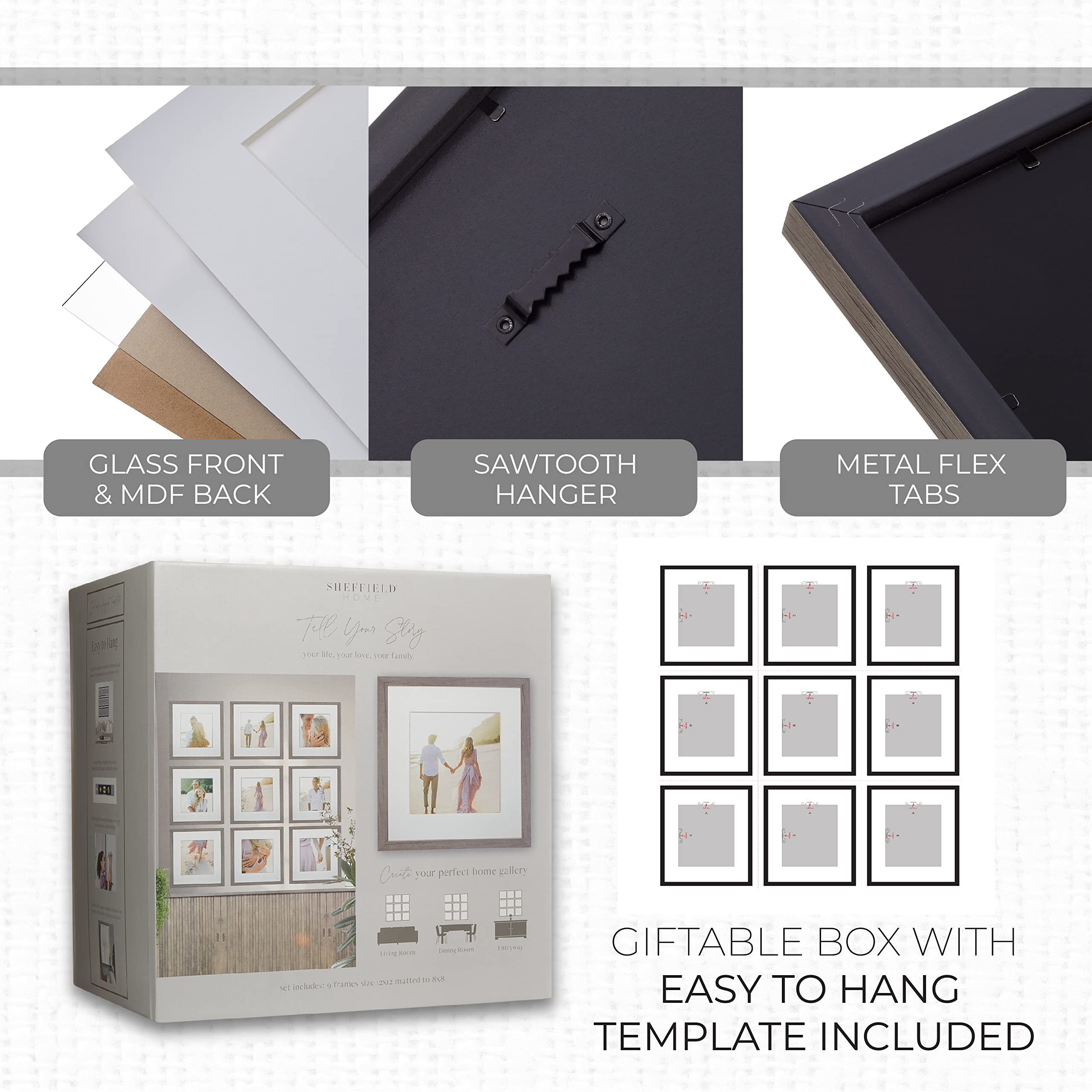Sheffield Home 9 Piece Gallery Wall Frame Set, 12x12 Inch, Natural | Amazon (US)