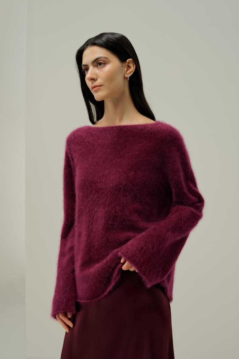 LILYSILK Women's Oversized Brushed Cashmere Soft Boat-neck Sweater Ruby S | LILYSILK