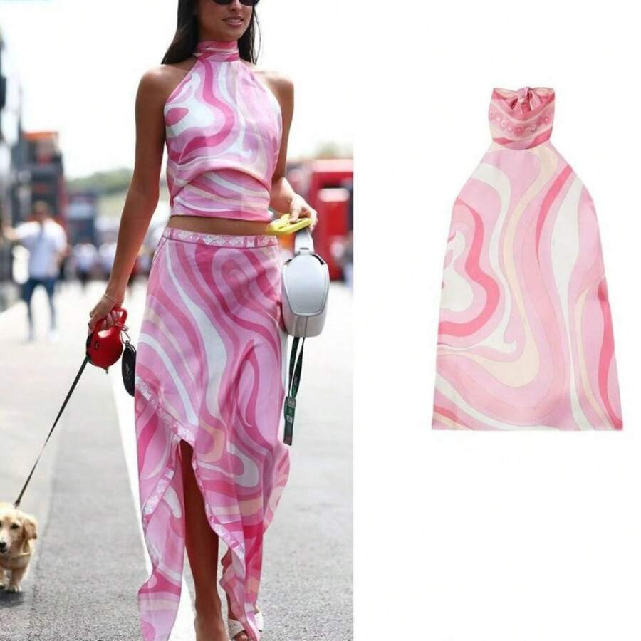 LocalNew Summer Sexy Printed Satin Tie-Strap Two-Piece Women's Outfit Skirt Top Set | SHEIN
