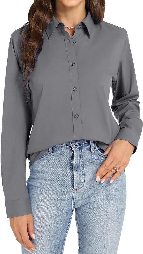 J.VER Womens Button Down Shirt Long Sleeve Dress Shirts Stretch Solid Work Blouse | Amazon (US)