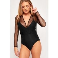 Mesh Insert Vest Long Sleeve Bodysuit Black, Black | wearall.com