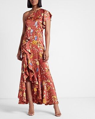 Conscious Edit Floral Print Satin One Shoulder Ruffle Maxi Dress | Express