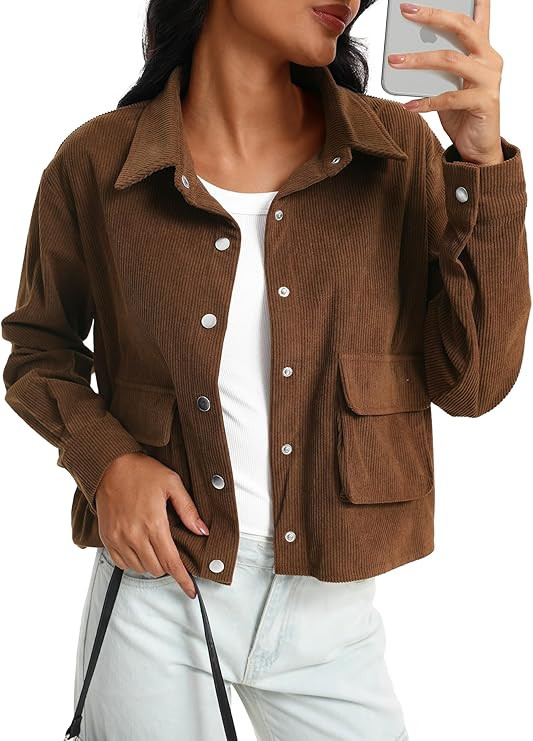 Beaully Womens Fashion Cropped Corduroy Shackets Button Down Jackets Tops Fall Trendy Long Sleeve... | Amazon (US)