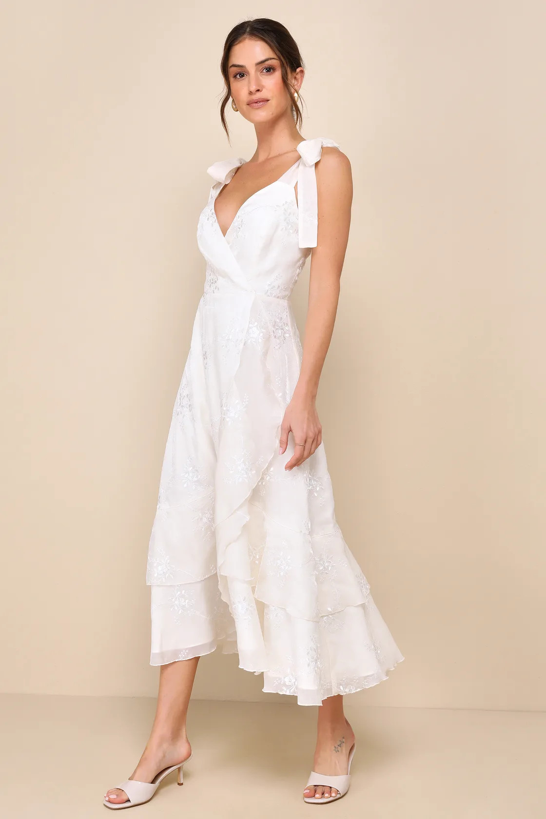 Elegant Direction Ivory Embroidered Ruffled Tie-Strap Midi Dress | Lulus
