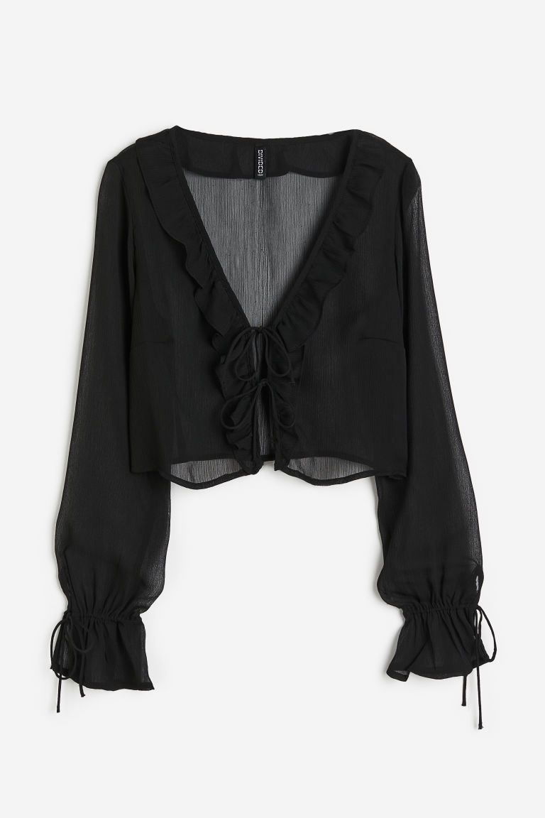 H & M - Frill-trimmed crêpe blouse - Black | H&M (UK, MY, IN, SG, PH, TW, HK)