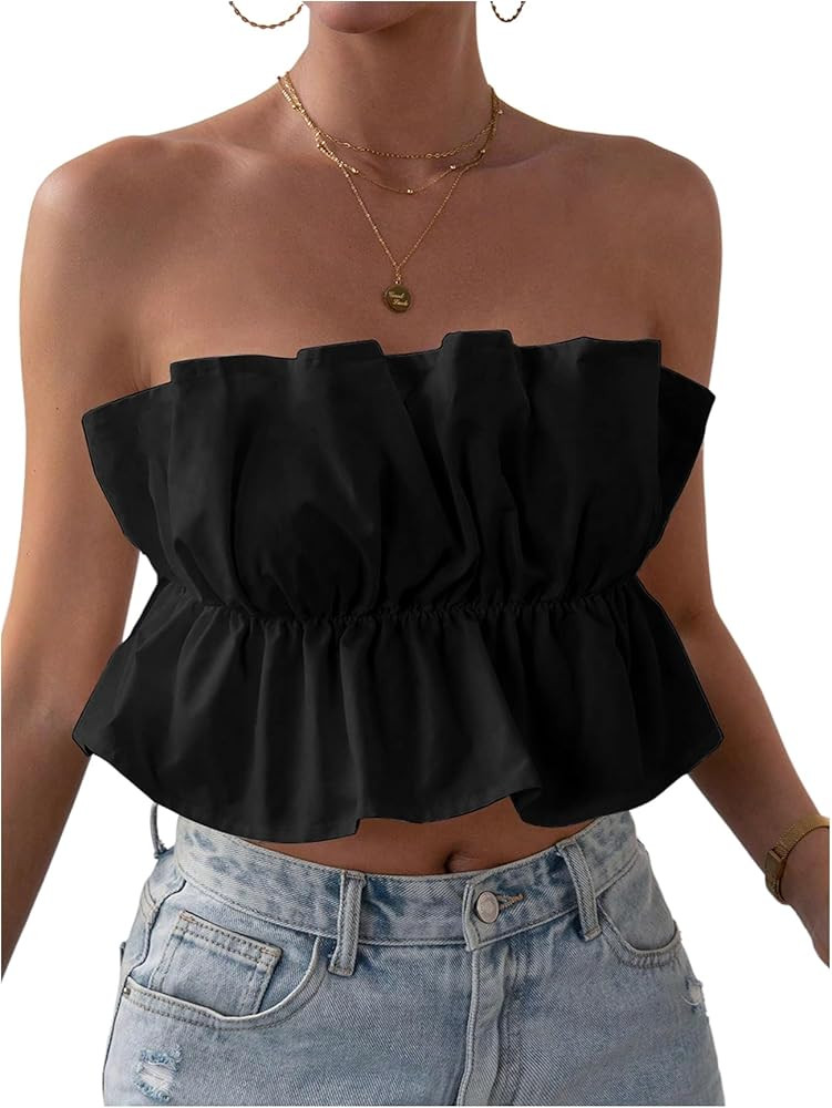 GORGLITTER Women's Ruffle Bubble Tube Tops Strapless Bandeau Peplum Shirts | Amazon (US)