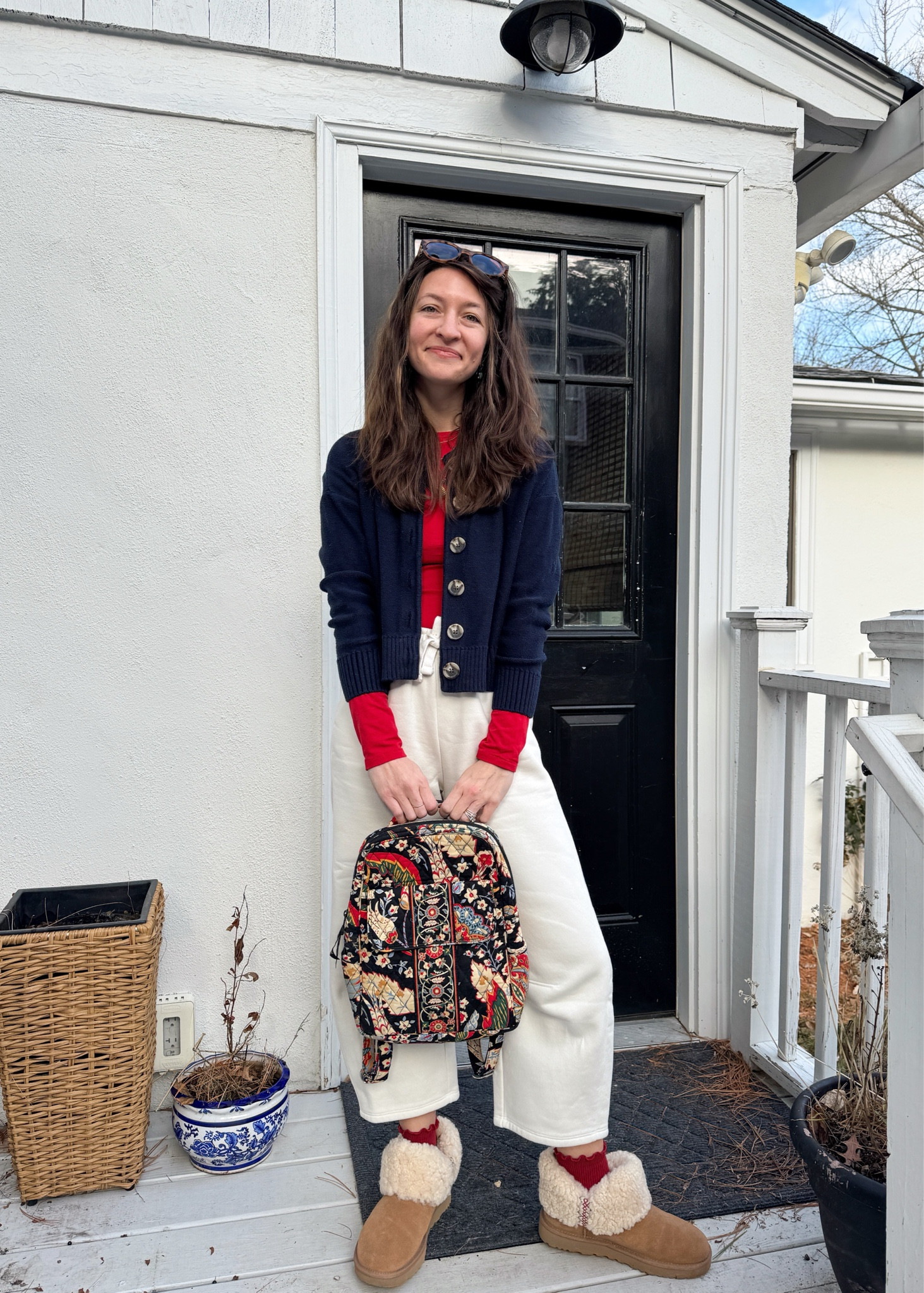 Thinking about wearing this outfit on repeat all winter long ❄️🌨️🥶 The fleece sweatpants & boots are so warm & cozy, the fitted tee & somewhat structured cardigan make me feel a little more put together, & the pop of color & ruffled socks make me happy ❤️😁 (also, found this old Vera Bradley backpack I must have packed away probably 10+ years ago in perfect condition!)

#LTKSeasonal #LTKStyleTip #LTKItBag