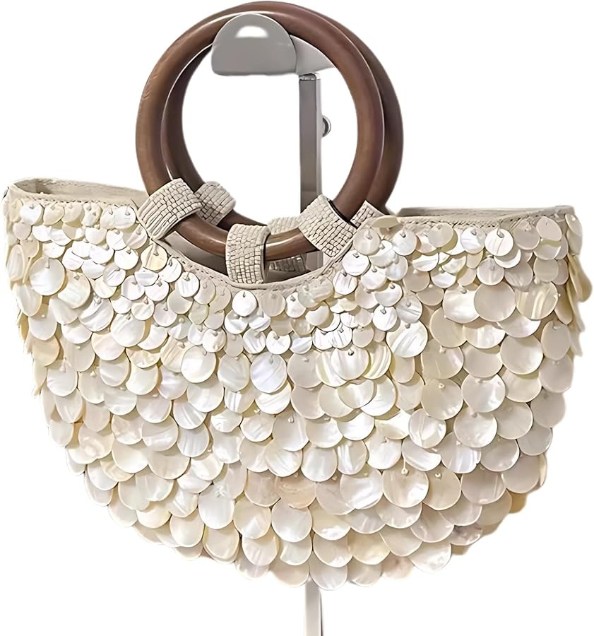 Summer Beaded Tote Handmade, Purse Women's Handbag with Wooden Handle, Elegant Shell Design Eveni... | Amazon (US)