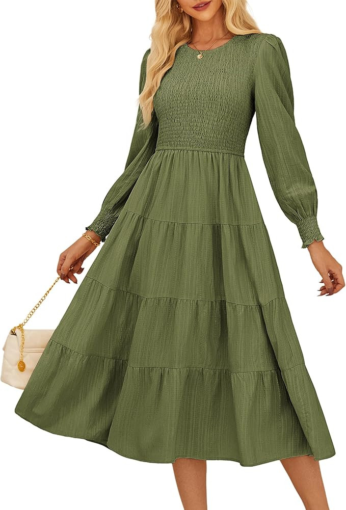 GRACE KARIN Women's Long Sleeve Casual Dress 2025, Fall A Line Flowy Dress, Maxi Smocked Tiered D... | Amazon (US)