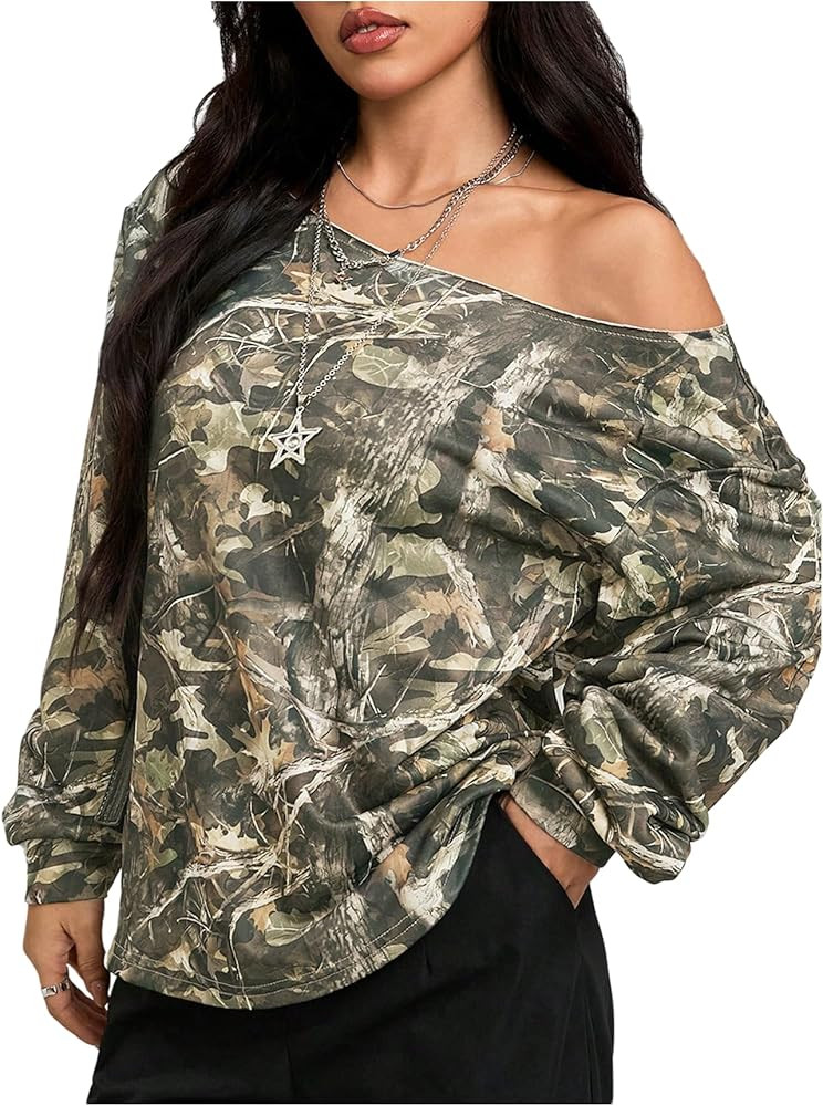 GORGLITTER Women's Off Shoulder T Shirt Camo Graphic Long Sleeve Drop Shoulder Tee Going Out Tops... | Amazon (US)