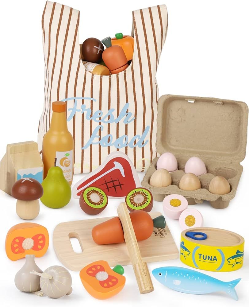 Wooden Play Food Sets for Kids Kitchen, Food Toys for Toddlers 3+ Year Old, with Shopping Bag, Pr... | Amazon (US)