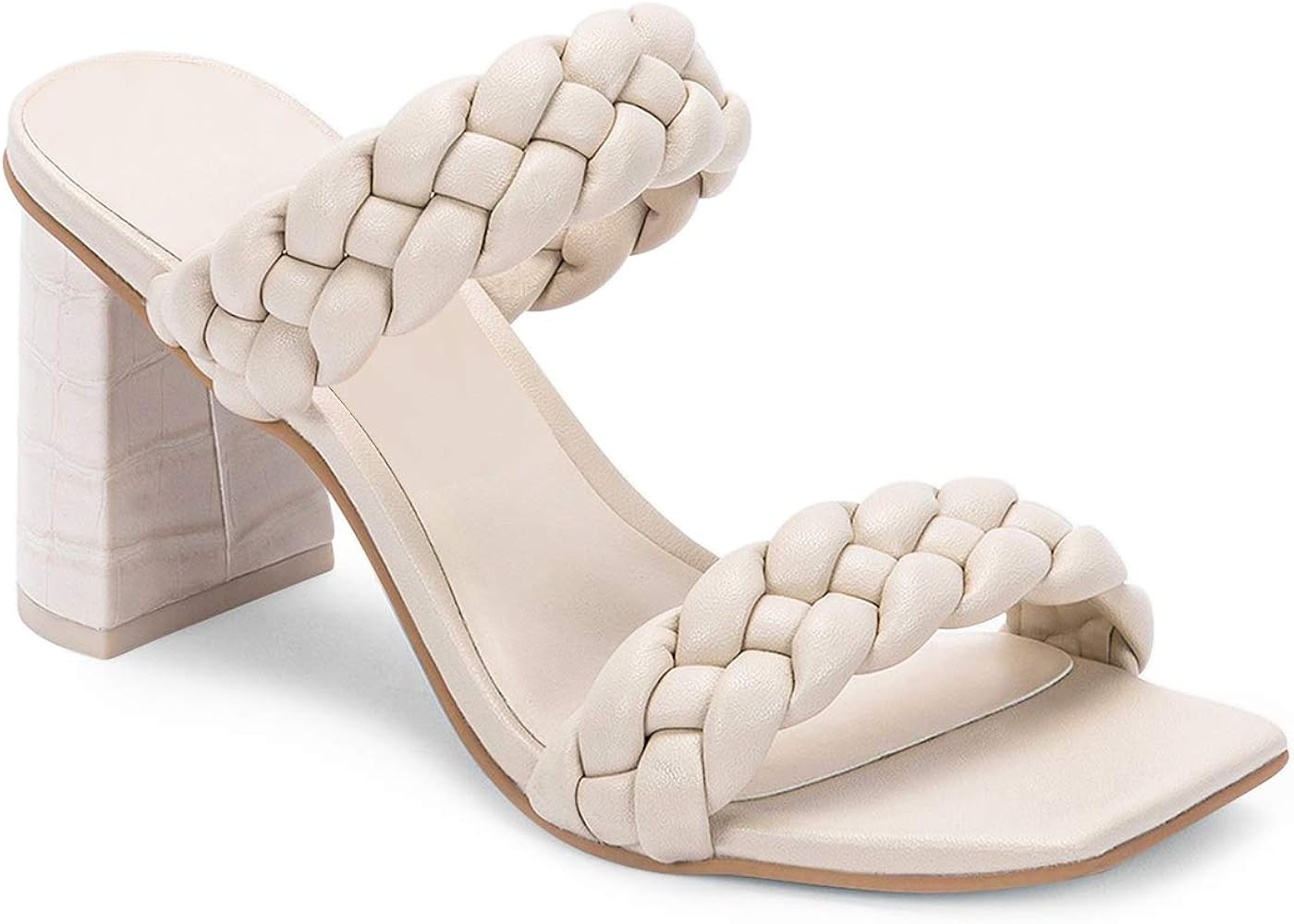 Womens Braided Heeled Sandals Backless Square Open Toe Block Strappy Slip On Slide Shoes | Amazon (US)