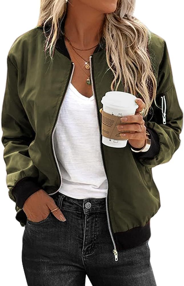 Women's Bomber Jacket Casual Coat Zip Up Outerwear Windbreaker with Pockets S-XXL | Amazon (US)