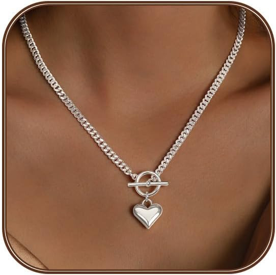Heart Necklace for Women Gold/Silver Plated Trendy Heart Choker Lover Pendant Hypoallergenic Fash... | Amazon (US)