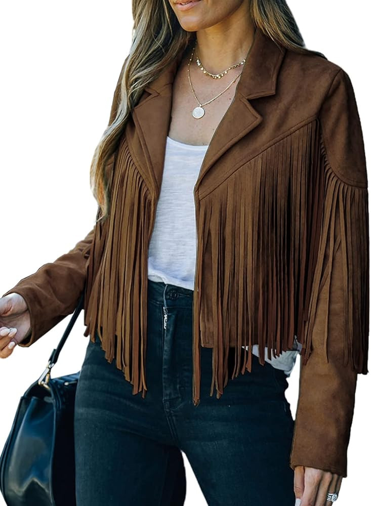 Dokotoo Womens 2023 Fashion Faux Suede Tassel Jackets Lapel Cropped Motorcycle Jacket Outerwear | Amazon (US)