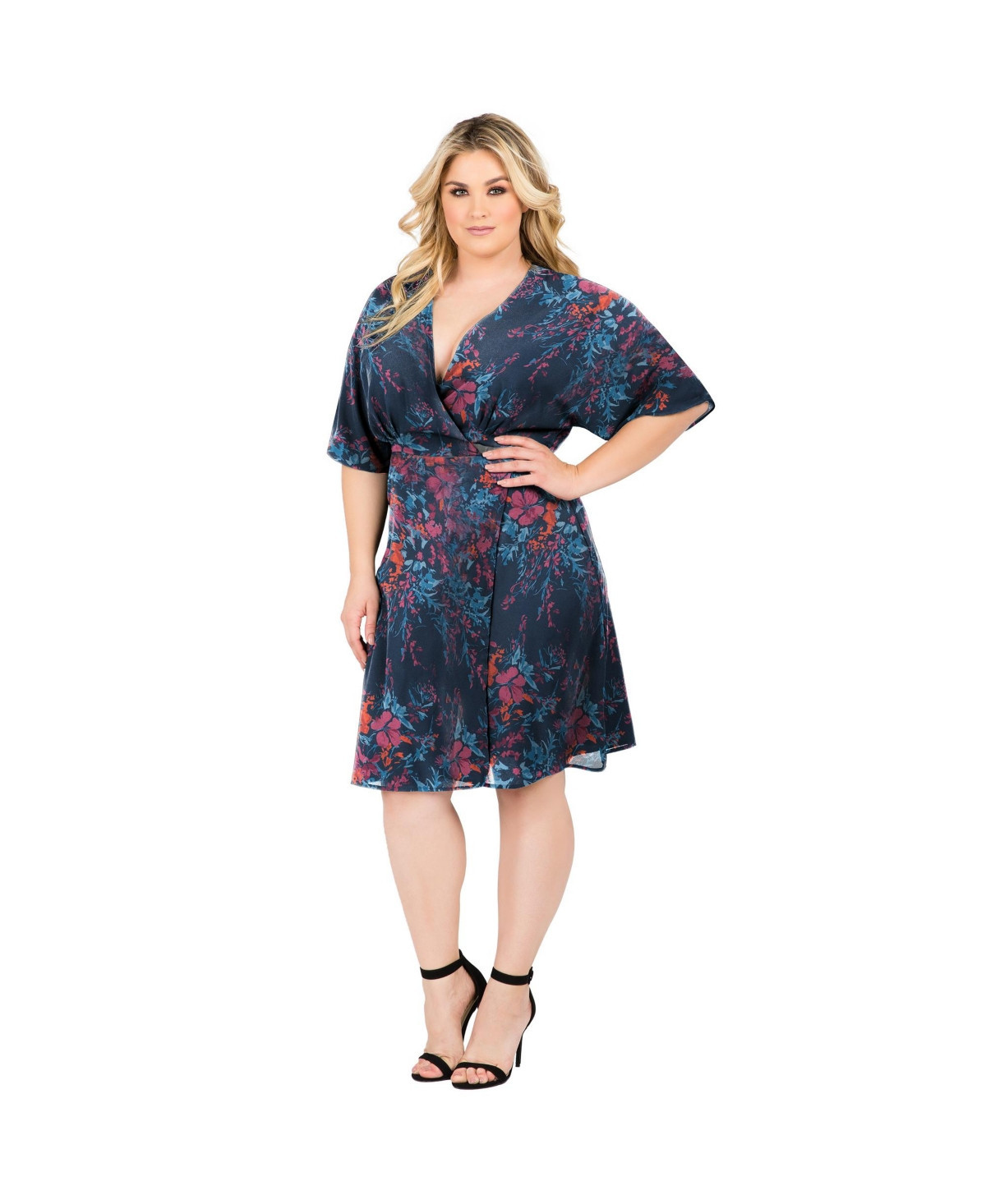 Standards & Practices Plus Size Floral-Print V-Neck Kimono Wrap Midi Dress - Navy floral | Macy's