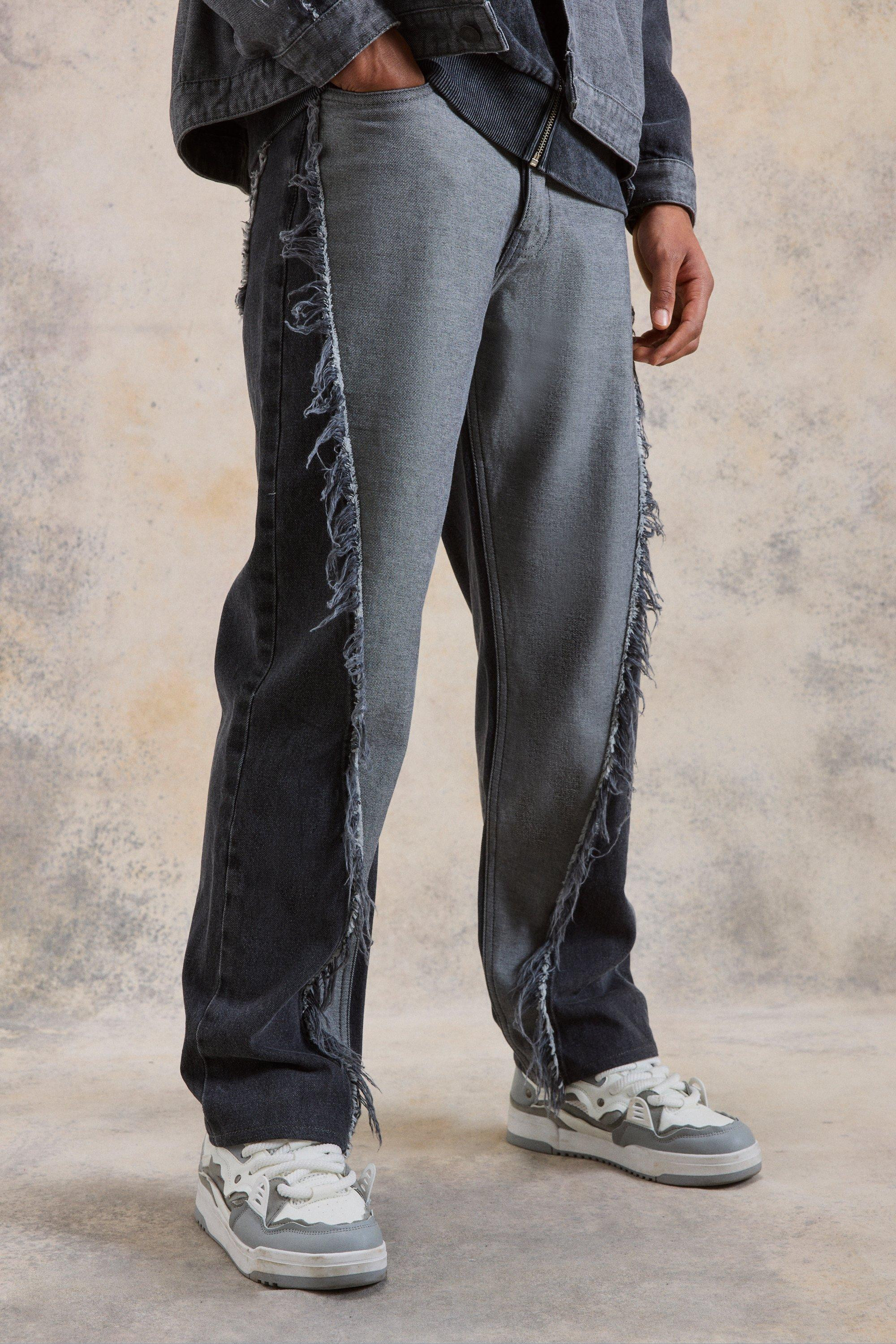 Relaxed Rigid Spliced Frayed Edge Jeans | boohooMAN (US & Canada)
