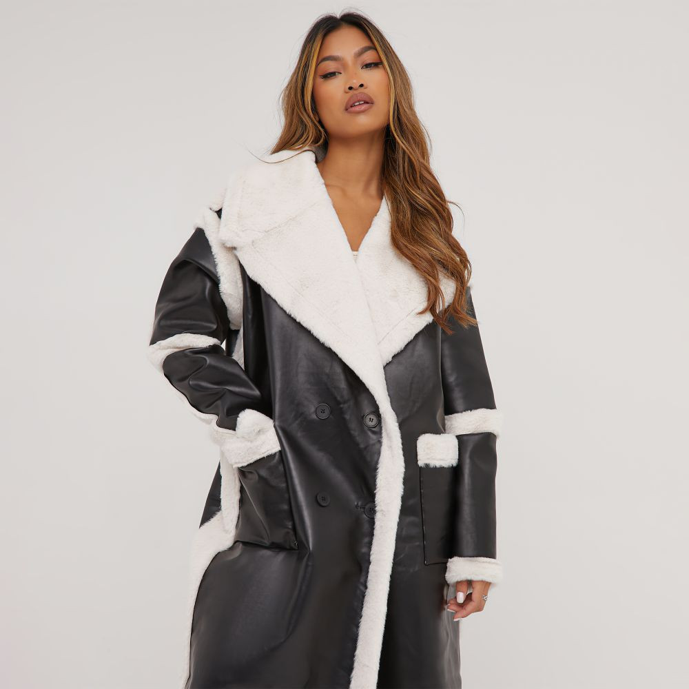 Oversized Borg Contrast Detail Maxi Aviator Coat In Black Faux Leather | EGO (UK)