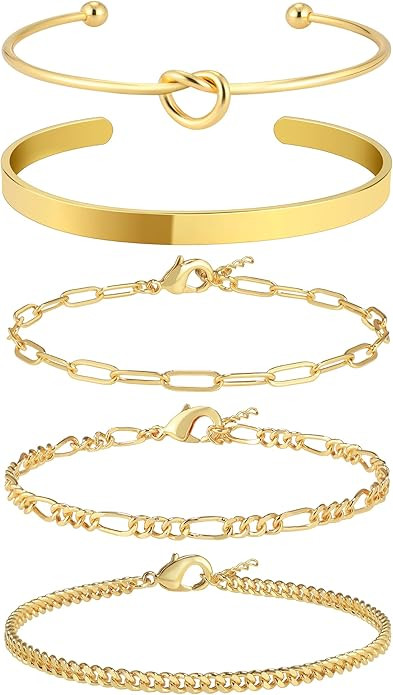 Gold Bracelets for Women, Stackable Gold Bracelets for Women 14K Real Gold Plated Paperclip Cuban... | Amazon (US)