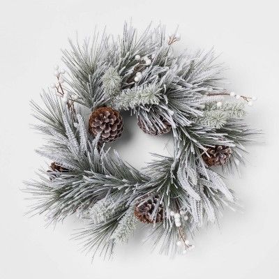22" Artificial Flocked Pine Wreath with Berries and Pine Cones Green/White - Threshold™ | Target