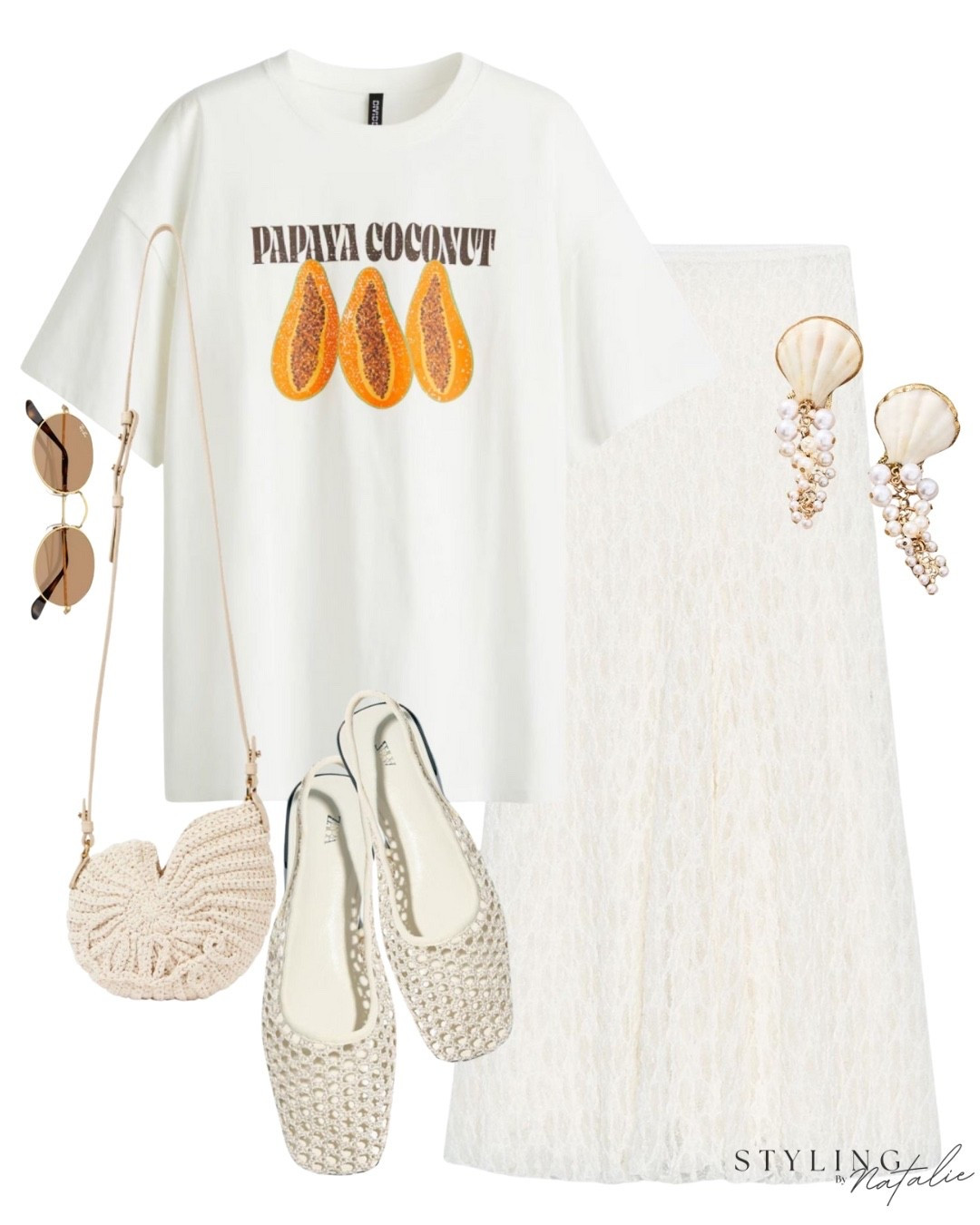 Graphic t-shirt & maxi skirt papaya fruit print top, flared lace maxi skirt, mesh ballerina slingbacks, seashell crossbody bag, Rayban sunglasses and pearl drop earrings. Summer outfit, casual chic, Zara, H&M 

#LTKstyletip #LTKuk #LTKsummer