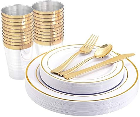 WELLIFE 96 Pcs Gold Plastic Plates, Disposable Gold Silverware and Cups, Gold Dinnerware Set Idea... | Amazon (US)