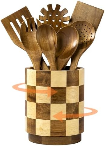 Fyctio Wooden Utensil Holder, 360° Rotating Acacia Wood Kitchen Utensil Holder for Countertop, 7... | Amazon (US)