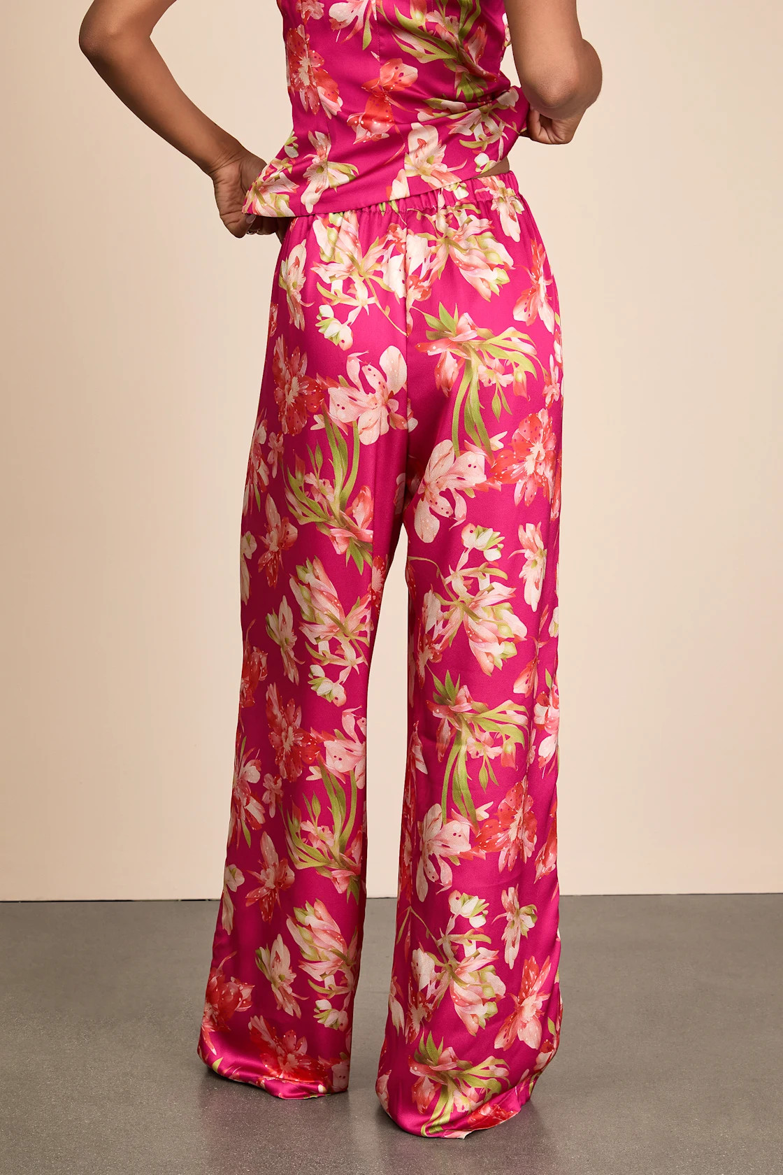 Zelimah Fuchsia Floral Satin Wide-Leg Pants | Lulus