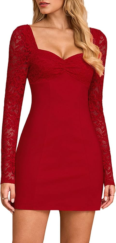 EYNMIN Women's Lace Mini Dress 2025 Fall Long Sleeve Sweetheart Neckline Bow Tie Backless A Line ... | Amazon (US)