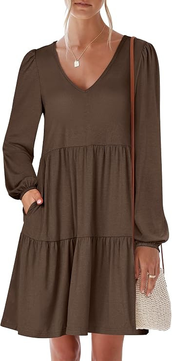 ANRABESS Womens Long Sleeve Dress 2026 Fall Casual V Neck Tiered Flowy Short Dresses Beach Travel... | Amazon (US)