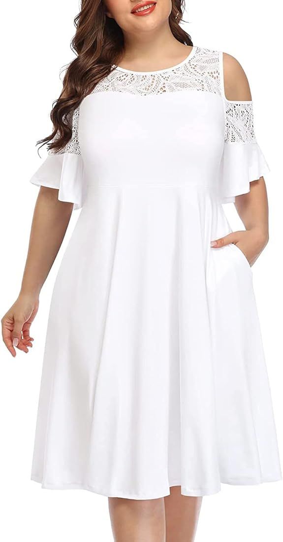 Pinup Fashion Plus Size Cold Shoulder Mesh Neck Wedding Guest Swing Midi Dresses with Pockets | Amazon (US)