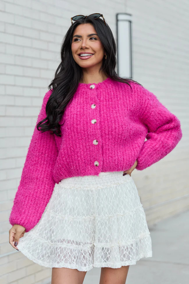 Taye Hot Pink Chunky Boucle Cardigan | Pink Lily