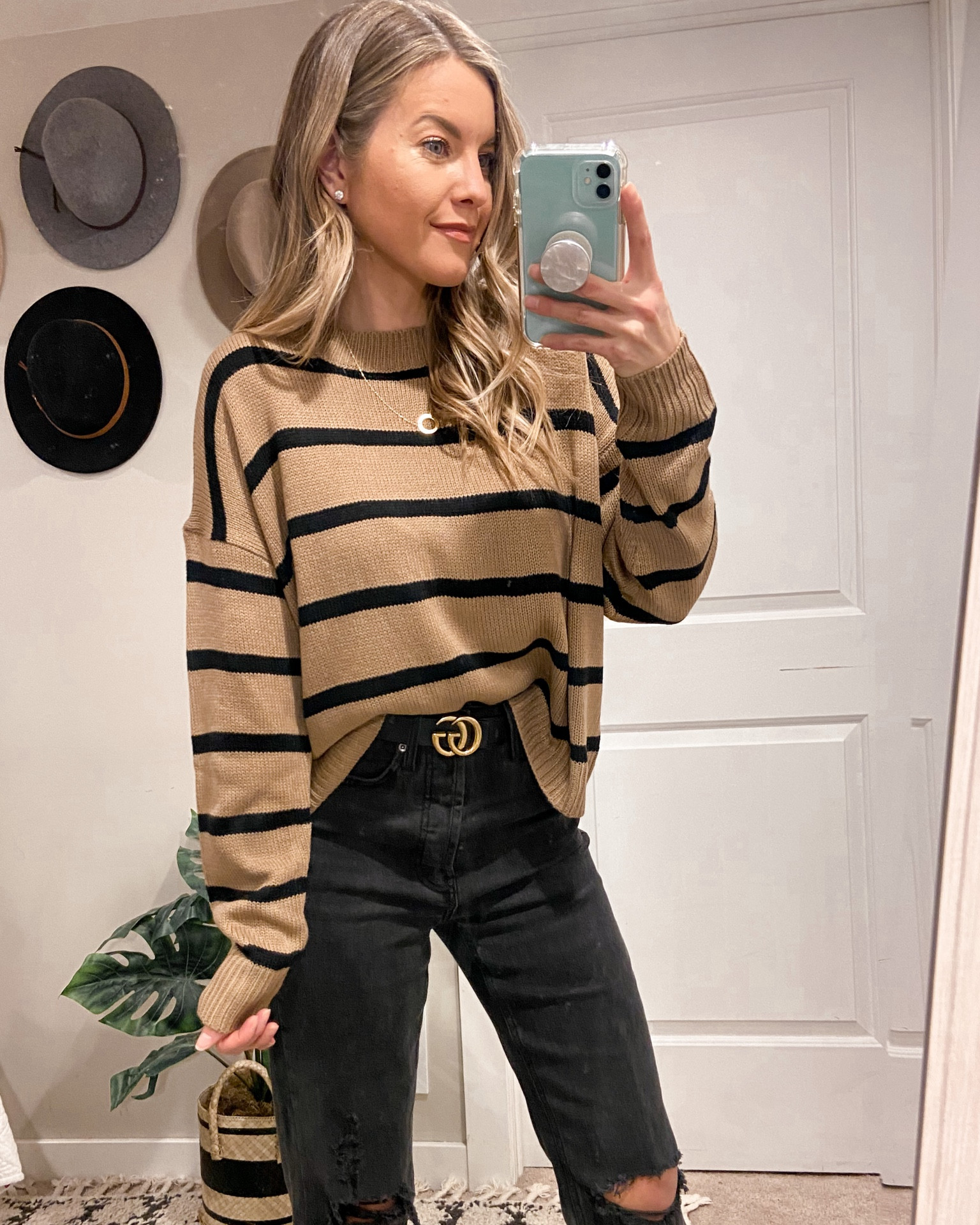 Tan & Black Striped Sweater, Black Distressed Straight Jeans, Tan + Black Two-Tone Lug Sole Chelsea Winter Boots | GG Belt