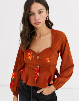 Influence milkmaid blouse in rust floral print | ASOS (Global)