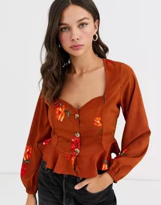 Influence milkmaid blouse in rust floral print | ASOS (Global)