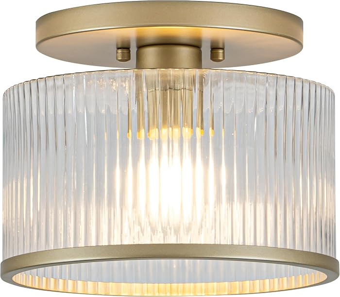 Glass Ceiling Light, Clear Ribbed Glass Ceiling Light Fixture with Gold Metal Frame, Modern Semi ... | Amazon (US)