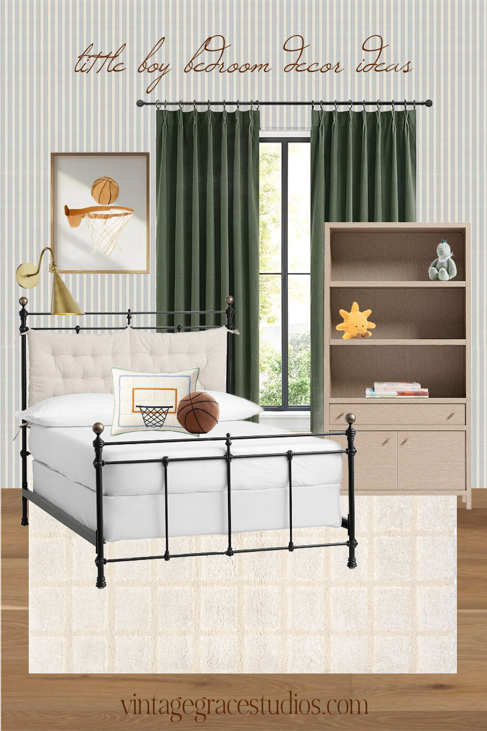 boys bedroom inspo, kids bedroom ideas, sports themed bedroom, basketball theme, area rug, wallpaper, bed frame, bookshelf, wall art, curtains, sconce 

 #LTKHome #LTKKids #LTKFamily