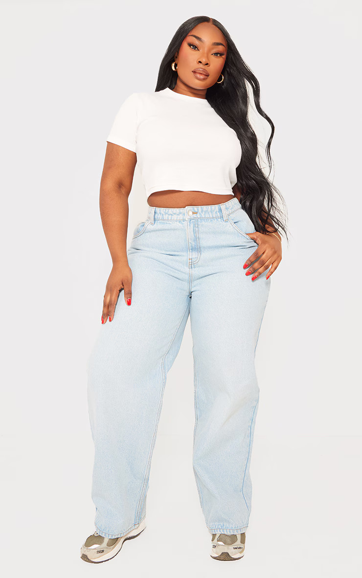 PRETTYLITTLETHING Plus Light Blue Wash High Rise Boyfriend Jeans | PrettyLittleThing US