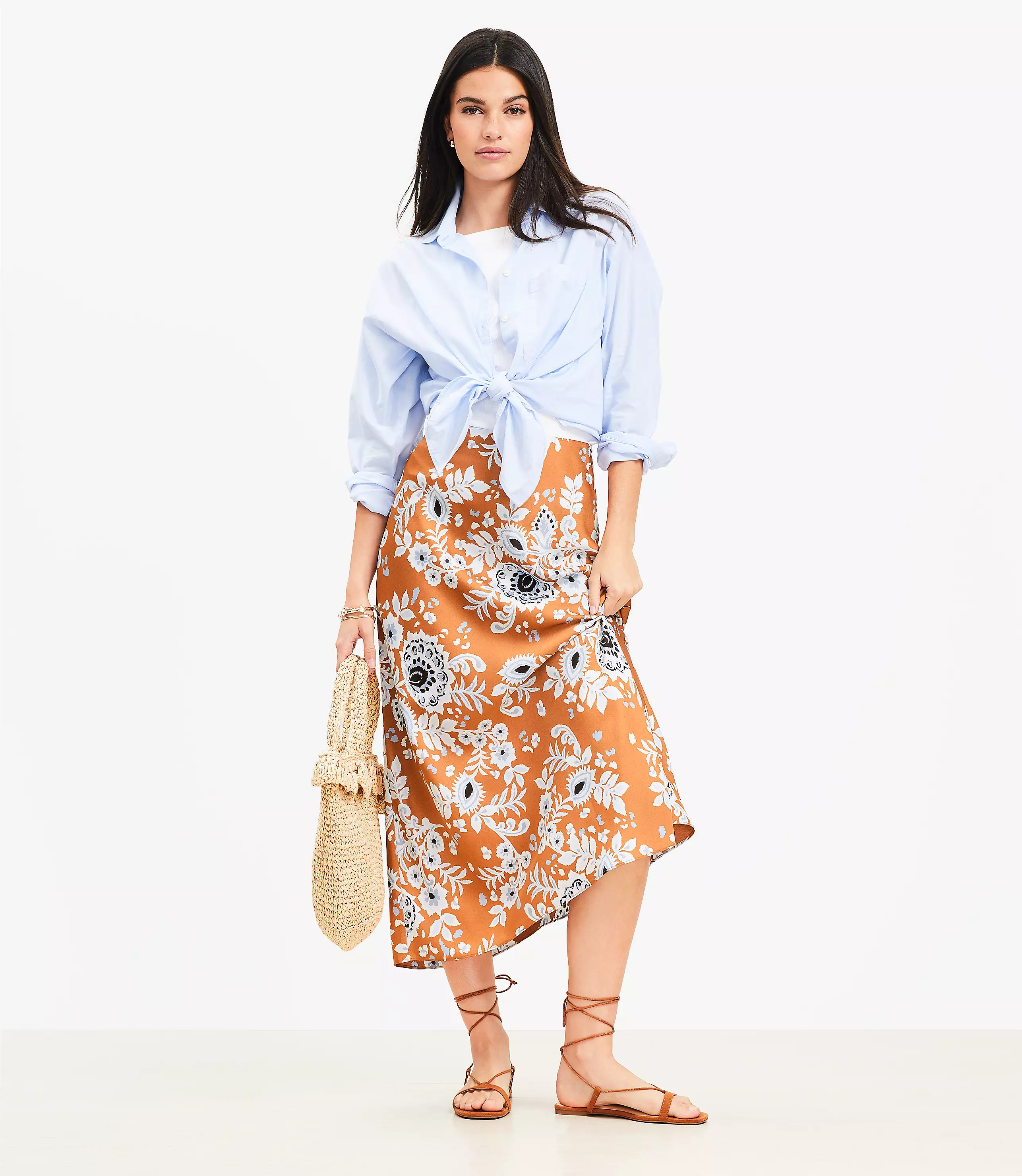 Floral Satin Bias Midi Skirt | LOFT