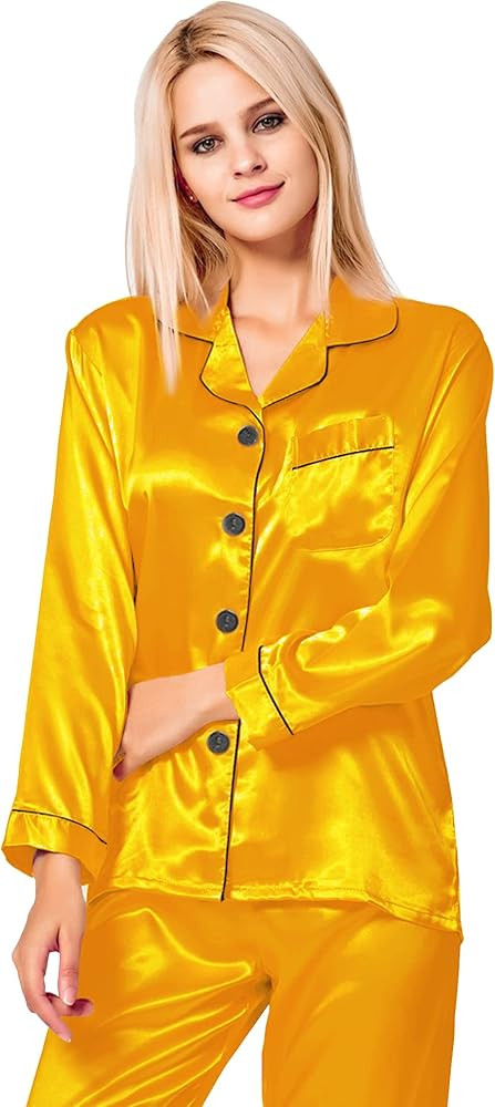 SWOMOG Womens Silk Satin Pajamas Loungewear Two-piece Sleepwear Button-Down Pj Set | Amazon (US)