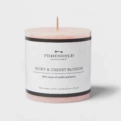 3"x3" Peony & Cherry Blossom Cozy Pillar Candle Pink - Threshold™: Scented, Modern Traditional Decor, 35h Burn Time | Target