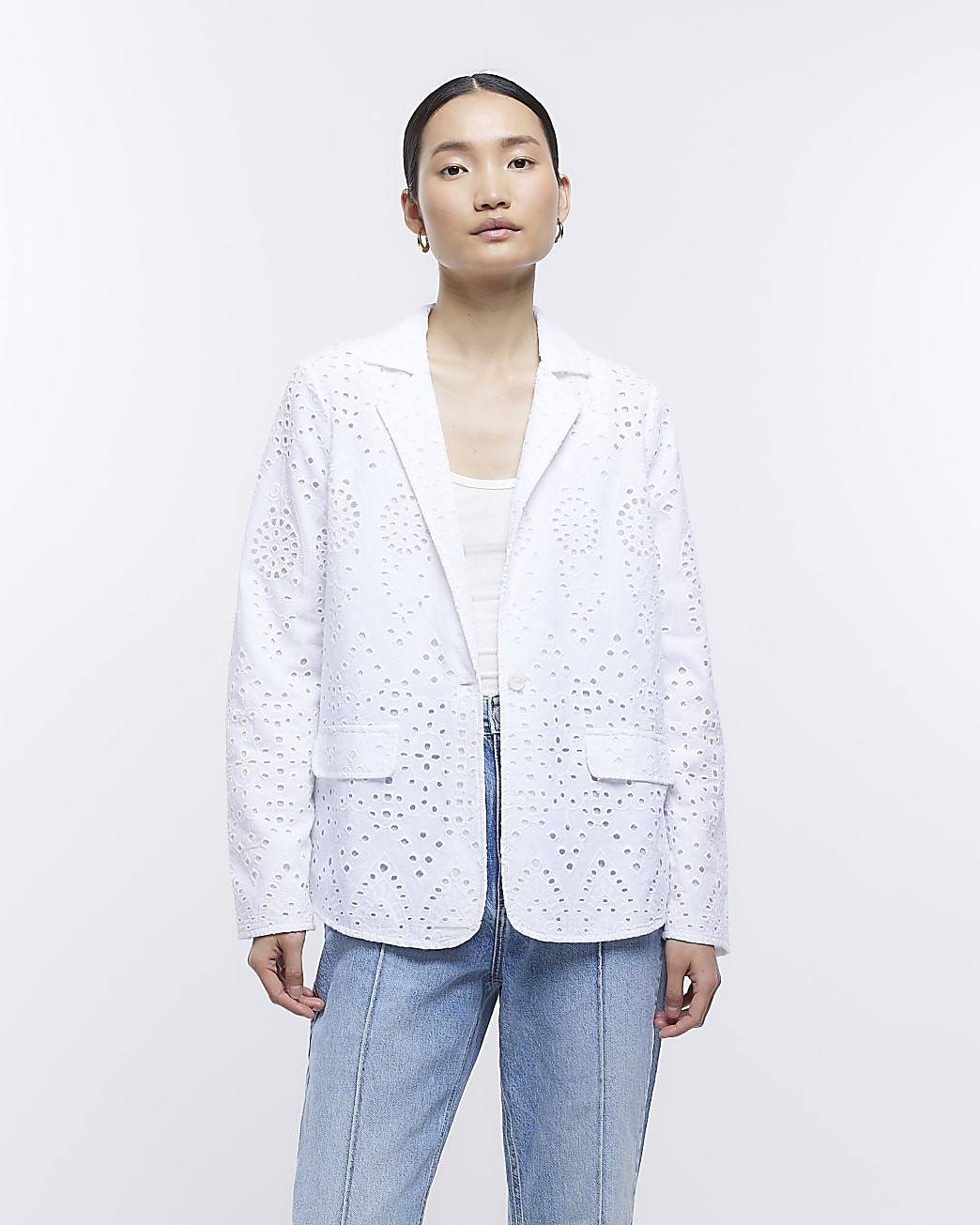 White Broderie Blazer | River Island (US)