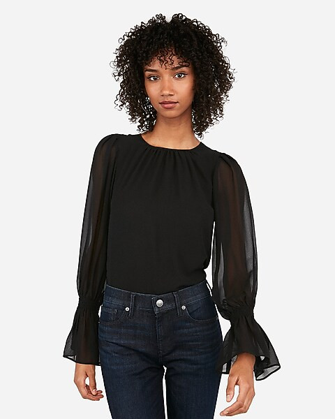 smocked chiffon sleeve crew neck top | Express