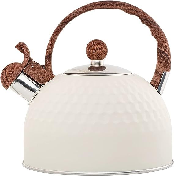 Whistling Stainless Steel Tea Kettle with Wood Grain Anti Heat Handle, Cylindrical Wood Grain Sta... | Amazon (US)