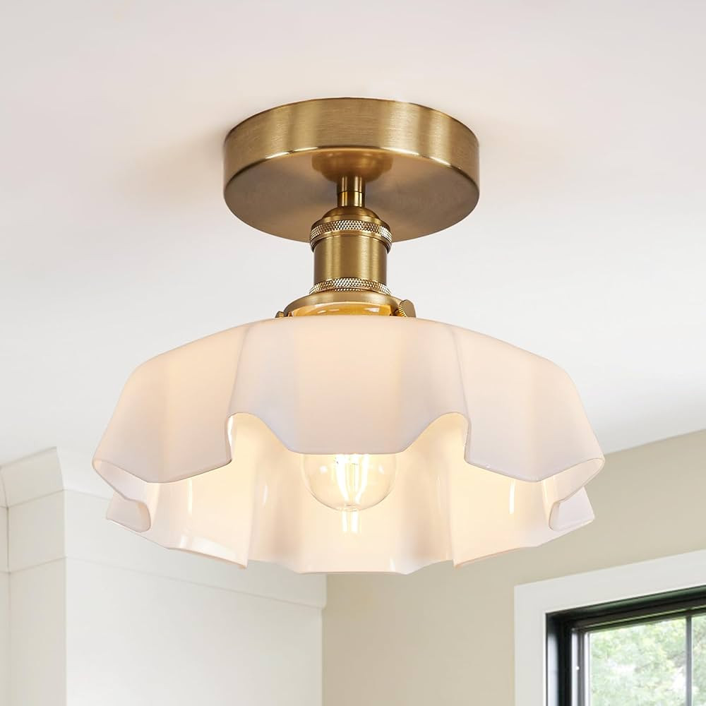 White Semi Flush Mount Ceiling Light, Brass Flush Mount Ceiling Light Vintage Light Fixtures Flow... | Amazon (US)