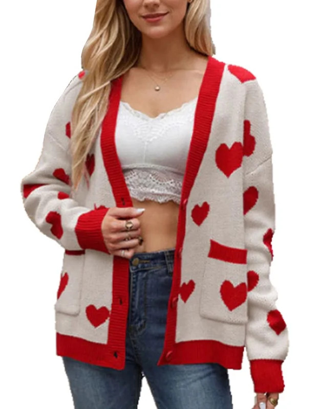 Valentine's Day Cardigans for Women Cute Heart Printed V-Neck Button Down Cardigan Sweaters with ... | Walmart (US)
