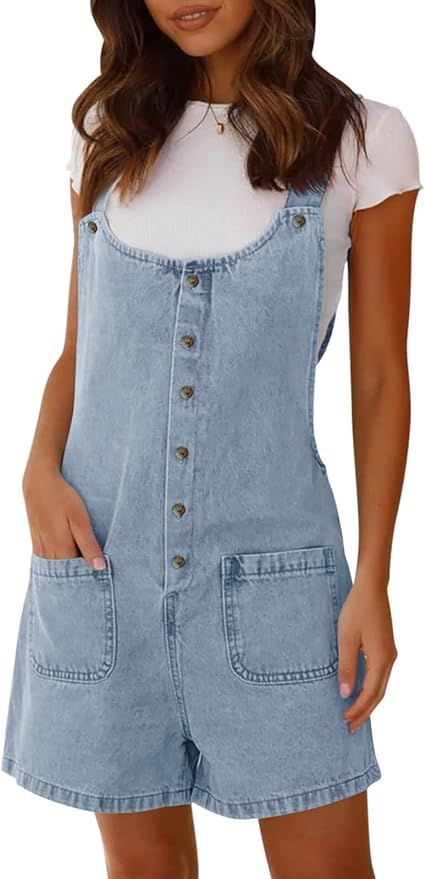 PLNOTME Women's Summer Denim Overall Shorts Button Up Front Sleeveless Jean Overalls Romper with ... | Amazon (US)