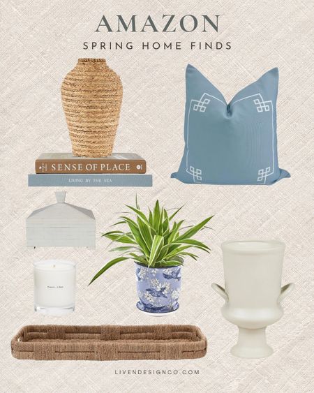Amazon home decor. Spring decor. Woven vase. Urn. White urn vase. Outdoor pillow. Blue and white flower pot planter. Home accents. Coffee table decor. Living room. Spring candle. Decorative box. Woven tray. Coffee table books. 

#LTKSeasonal #LTKmidsize #LTKsalealert