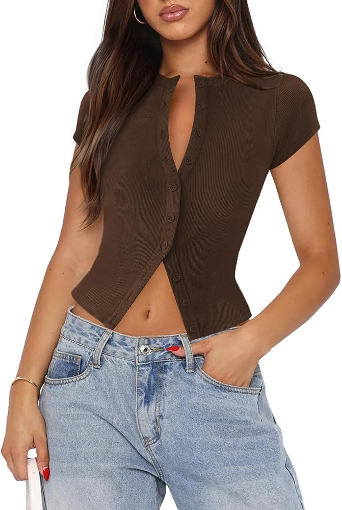Women's Button Down Shirt Cap Sleeve Tops for Women Button Up Ribbed Knit Slim Fit Casual Y2K Cro... | Amazon (US)