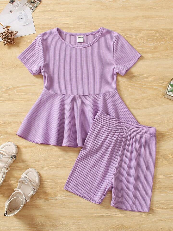 SHEIN Young Girl Ribbed Knit Peplum Tee & Shorts | SHEIN